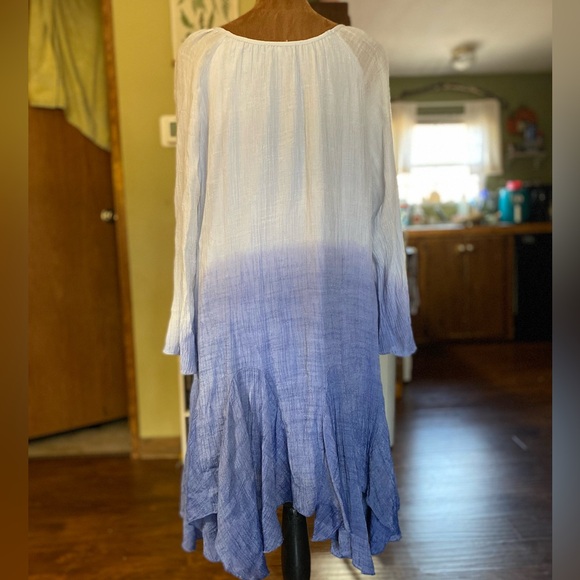 Indigo soul blue ombré rayon boho hippie long sleeve dress - Picture 3 of 4
